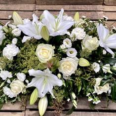 Woodland white casket spray