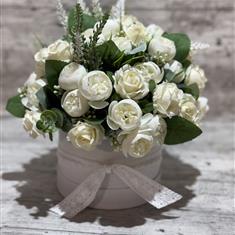 White silk mini rose and eucalyptus hat box