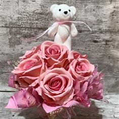 Tin with teddy and roses artificial 